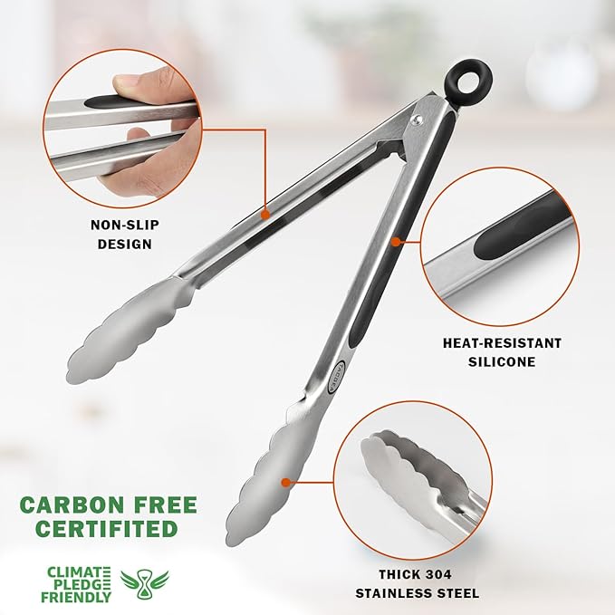 TACGEA Stainless Steel Kitchen Tongs, Silicone Non-slip Grip, Locking Grilling - Image 5