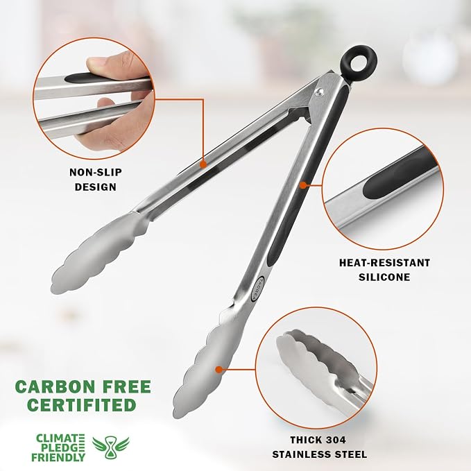 TACGEA Stainless Steel Kitchen Tongs, Silicone Non-slip Grip, Locking Grilling - Image 4