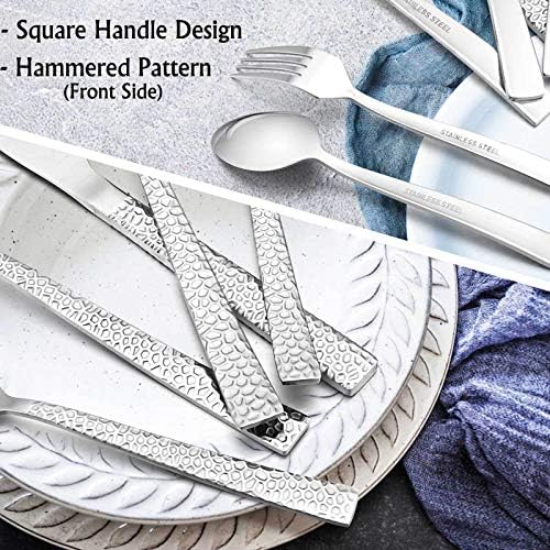 E-far 20-Piece Hammered Silverware Set, Stainless Steel Square