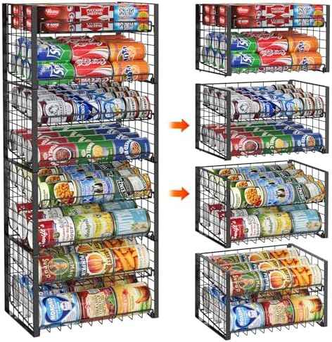 JKsmart 2-Tier Stackable Rack Organizer for Pantry, Adjustable Dispenser Holds Up to 120 Cans, Storage Holder for Various Ounces of Canned Drinks, Black, 4 Pack