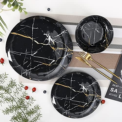 Melamine Dinnerware Sets - 12PCS Plates and Bowls Sets Black Marble