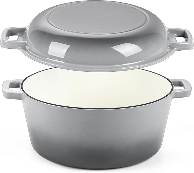 P&P CHEF 5Qt Dutch Oven Pot for Bread Baking, 2 In 1 Round Cast Iron Dutch Oven by PPCHEF