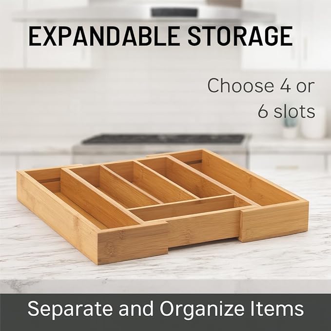 HIC Kitchen Expandable 6-Slot Silverware Cutlery Utensil Storage Tray, Natural - Image 3