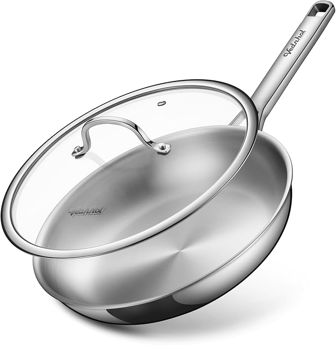 Stainless Steel Pan with Lid, 12 Inch Stainless Steel Frying Pan, Tri-Ply by VEDNHOL