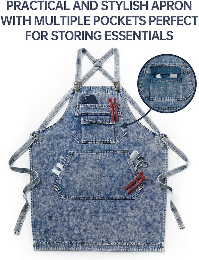 Denim Apron with Pockets for Hair Stylist Gardening Craftsmen Barista Women - Image 8