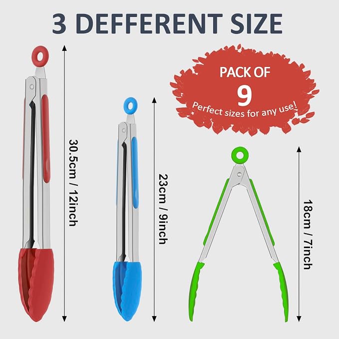 9 Pieces Silicone Tongs for Cooking 7, 12 inches Kitchen Tongs - Image 2