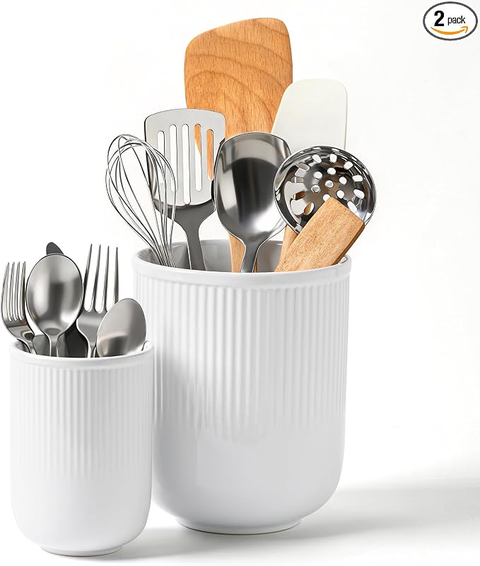 FOBENTA Utensil Holder, 7.3’’+5.4’’ Ceramic Kitchen Utensil Holder by FOBENTA