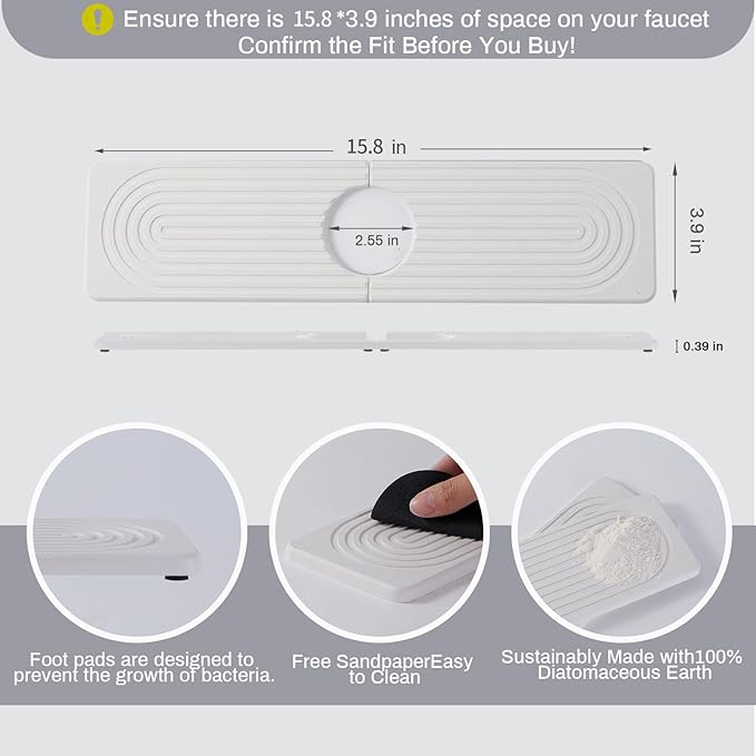 Stone Faucet Mat for Kitchen Sink, Faucet Mat Fast Drying Diatomite, Sink - Image 2