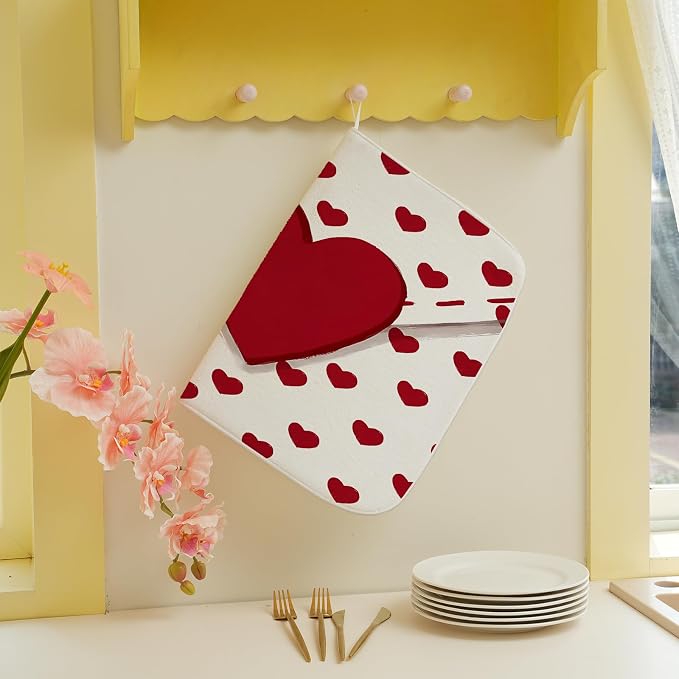 Valentines Dish Drying Mat 18x24 Inch Red Hearts Dish Drainer Protector Pad - Image 4