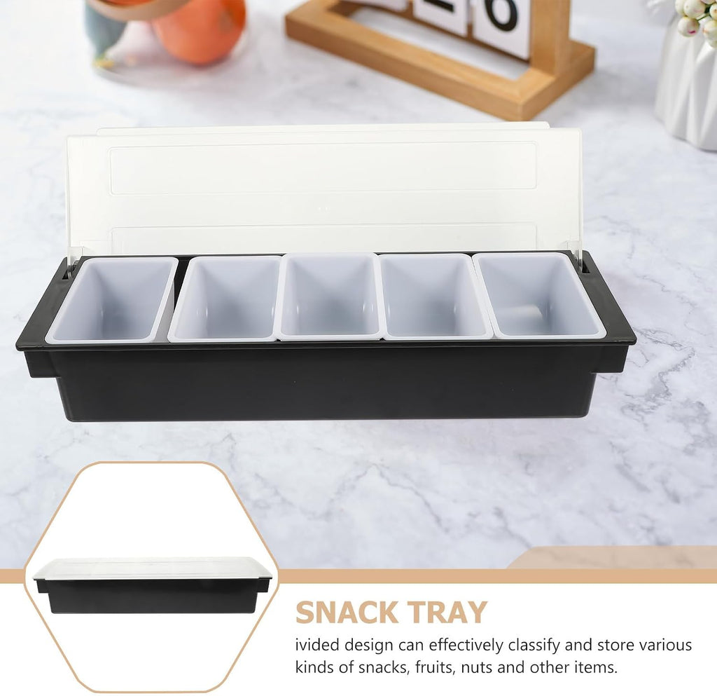 Five Compartment Snack Container Box with Lid, Black Plastic Fruit