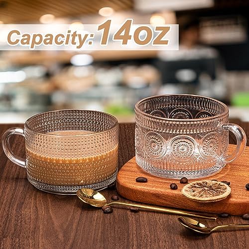 Vintage Coffee Mugs 4pcs Set, 14 Oz Glass Coffee Cups Gifts for Women