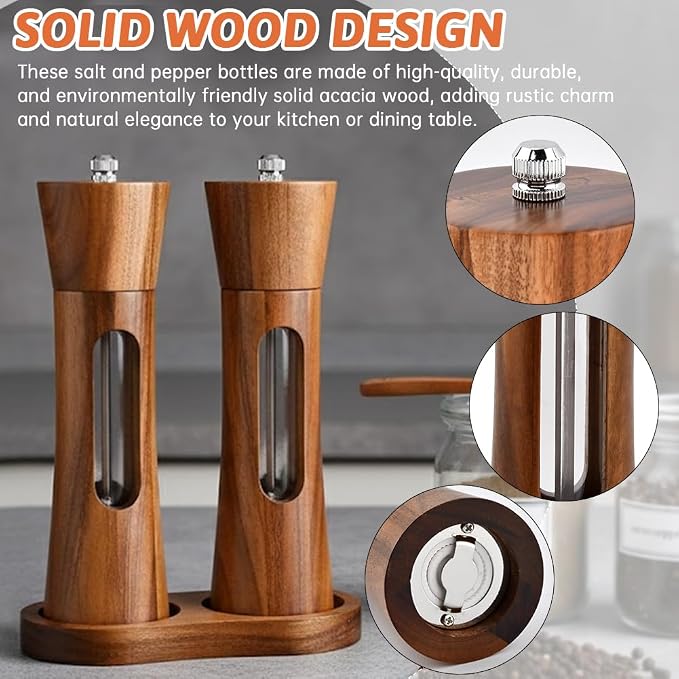 2Pack Wooden Salt and Pepper Grinder Set, 8-Inch Refillable Manual Salt and - Image 6