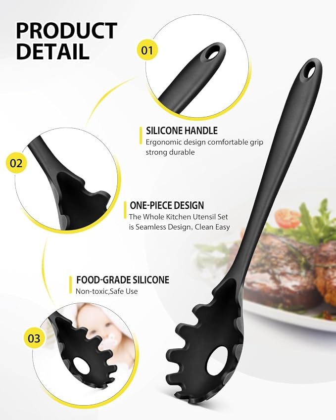 3 Pcs Silicone Kitchen Utensils Set, Soup Ladle-Pasta Fork-Slottede Spoon - Image 2
