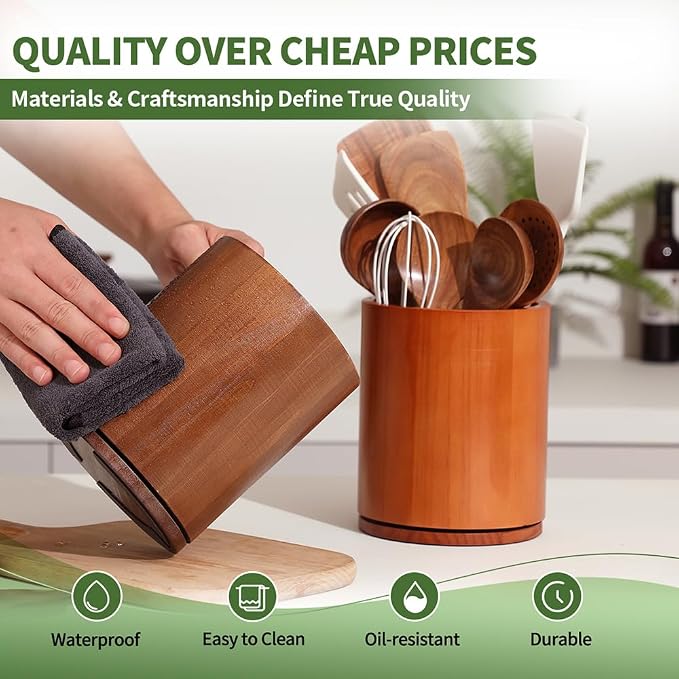 Wooden Utensil Holder, 360°Rotating 7.3'' Large Utensil Holder - Image 4