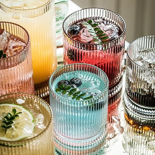 KEMORELA Ribbed Glass Cups Set, 13oz Vintage Drinking Glassware Set of