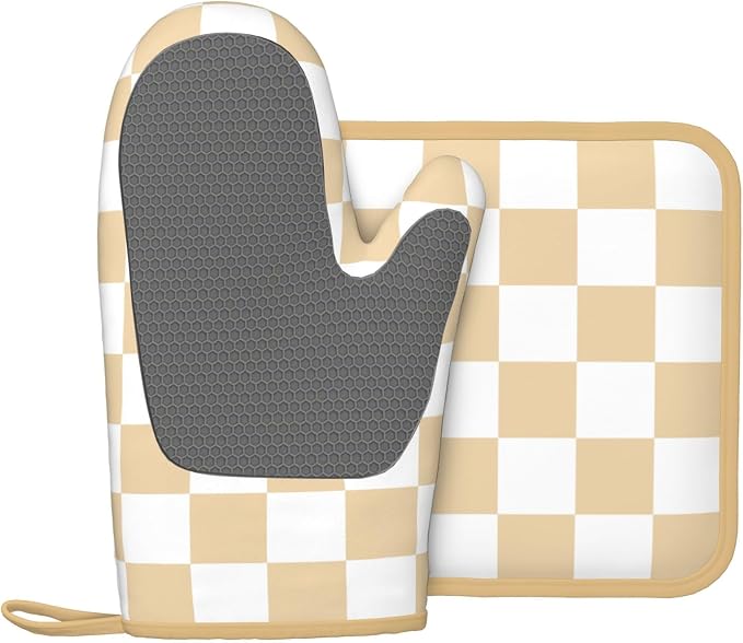 Checkered Beige Silicone Oven Mitts Pan Mats Set of 2, Heat Resistant Gloves - Image 2
