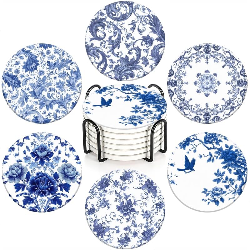Absorbent Coasters for Drink Set of 6,Bule and White Coasters Cork
