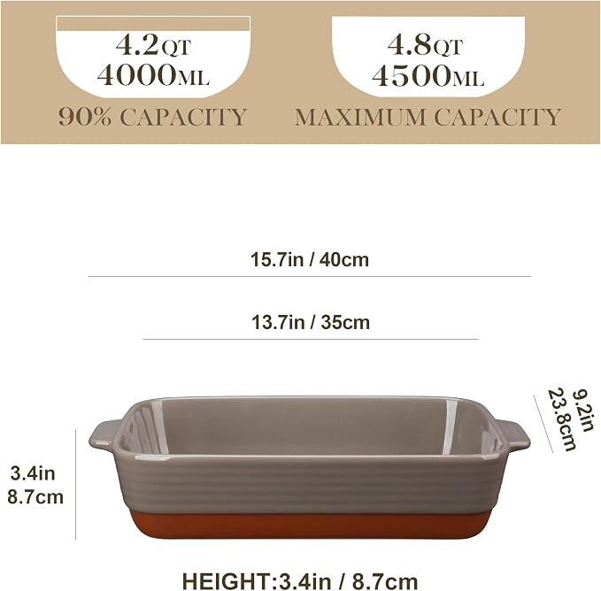 MALACASA 4.8 Qt Lasagne Dishes for Oven, 9 x 13 Inches Brown Ceramic Oven Dish - Image 2