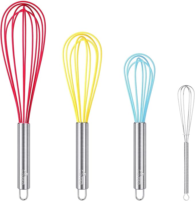 HOTEC 4 Pieces Silicone Whisks Set, Wire Balloon Whisks Egg Beater, Non-slip by Hotec