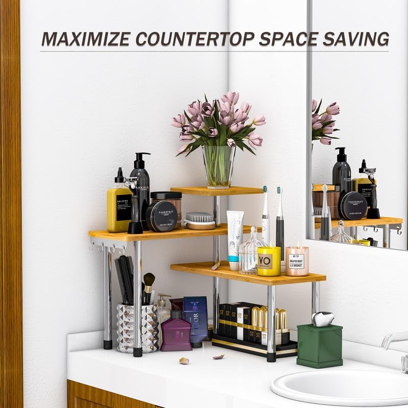 ZHWS Adjustable 3-Tier Corner Counter Shelf with 4 Hooks