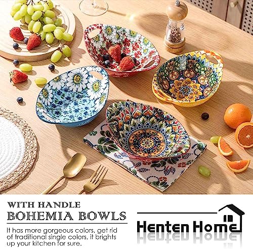 Henten Home Ceramic 19 oz Salad Bowls, Boho Soup Bowl with Handle, Set