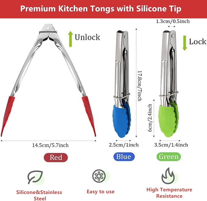 Mini Kitchen Tongs with Silicone Tips, 3-Piece Set, 7-Inch Non-Stick Small - Image 2