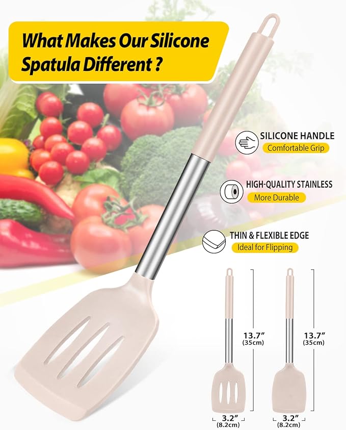 Pack of 2 Silicone Solid Turner, Non Stick Slotted Kitchen Spatulas, High Heat - Image 2