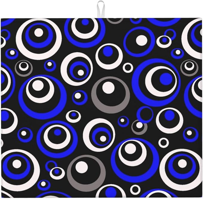 Blue Black White Geometric Circle Dish Drying Mat by Unknown