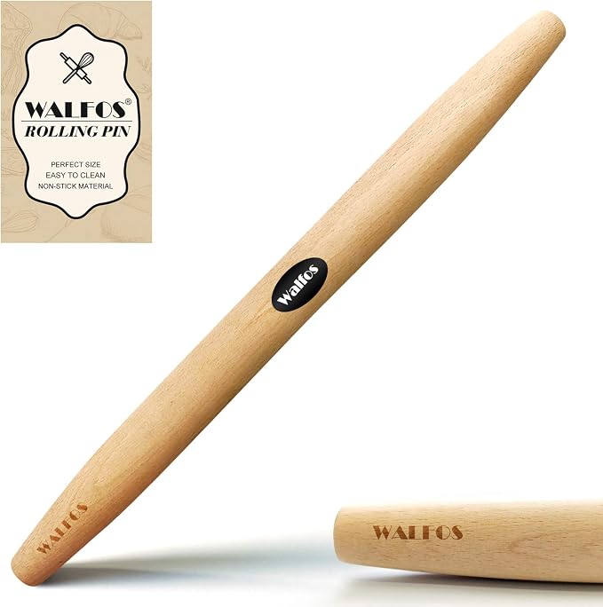 WALFOS French Rolling Pin for Baking, Tapered Design Natural Beech Wood Rolling by Walfos