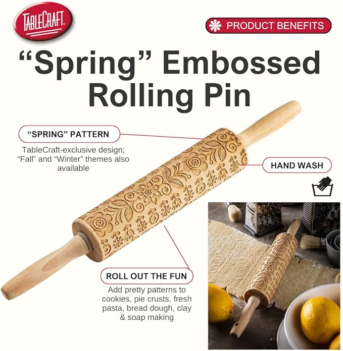 TableCraft Embossed Beech Wood Rolling Pin – 15.25 Inches, Spring Floral Imprint - Image 2