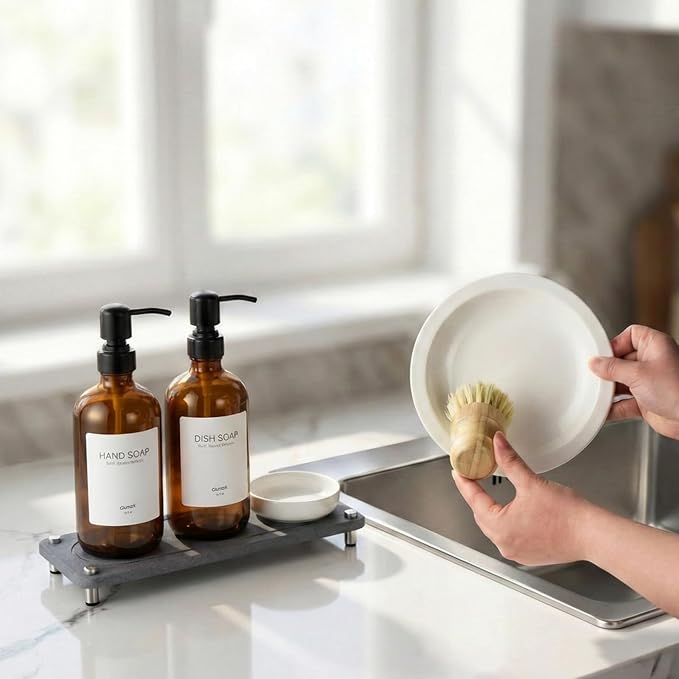 2 Pack Kitchen Soap Dispenser Set - 16oz Amber Glass Dish and Hand Soap - Image 6