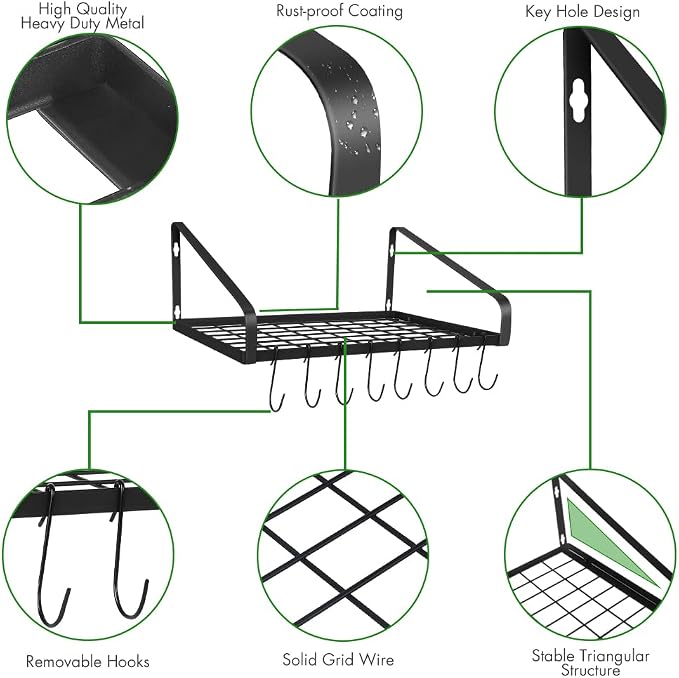 Felibeaco Hanging Pots & Pans Rack, Wall Mounted Pots Pans Organizer Holder Rack - Image 4