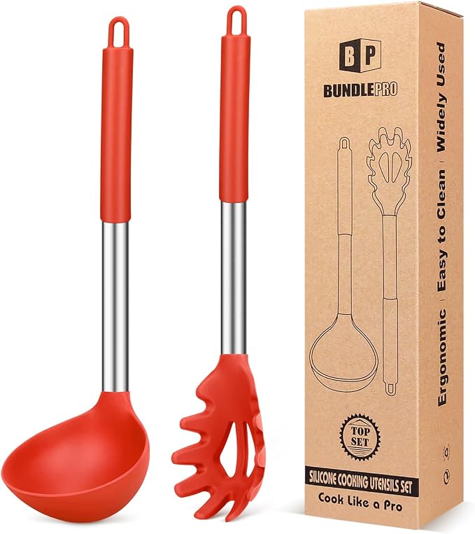 Silicone Pasta Fork and Ladle Spoon Set, Large Non Stick Kitchen Utensils by BUNDLEPRO