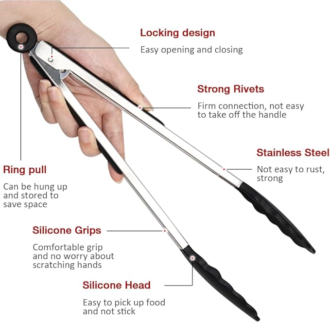 12 Inch Kitchen Tongs Set of 3, Silicone Tongs - Image 4