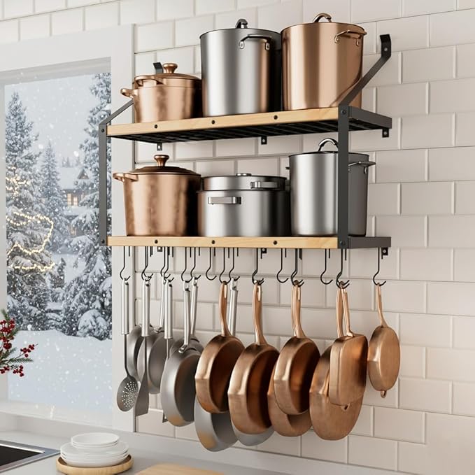 KES 132lb Heavy Duty Hanging Pot Rack Wall Mounted, 34 Inch Solid Wood Pot Rack by KES