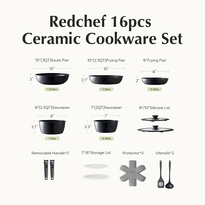 Redchef 16pcs Ceramic Pots and Pans Set Non Stick, Nonstick Kitchen Cookware Set - Image 9
