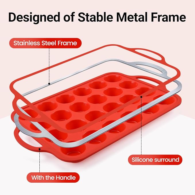 CAKETIME Silicone Mini Muffin Pan, Metal Reinforced Frame 24 Cups Mini Muffin - Image 2