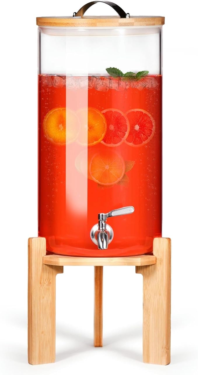 Glass Beverage Dispenser with Bamboo Stand 6.7 In and Lid, Iced 2.9 Gallon by StrirumoHome