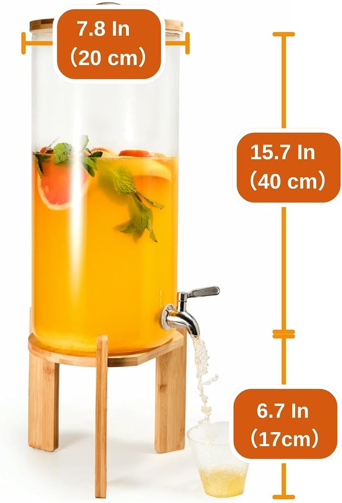 Glass Beverage Dispenser with Bamboo Stand 6.7 In and Lid, Iced 2.9 Gallon - Image 5