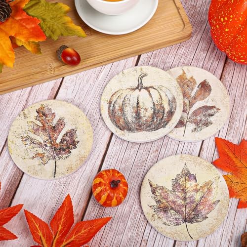 4Pcs Fall Thanksgiving Ceramic Coasters Vintage Pumpkin Maple Leaf