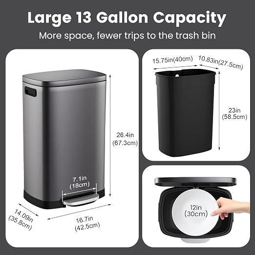 ELPHECO Kitchen Trash Can with Lid Soft Close, 13 Gallon / 50L Stainless Steel - Image 3