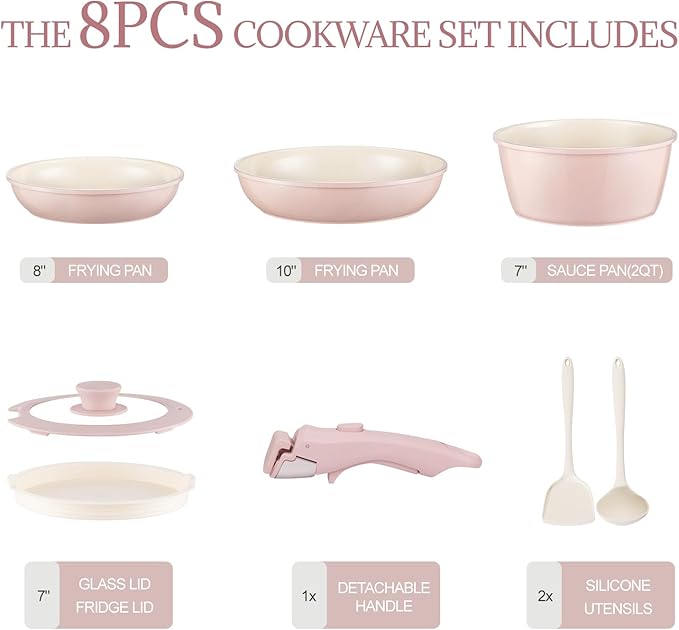 Ceramic Cookware Set Non Stick 8Pcs Pots and Pans Set Detachable Handle - Image 2