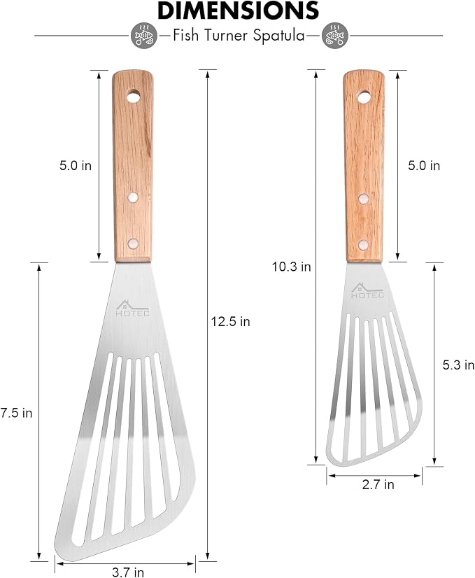 HOTEC 2pcs Stainless Steel Wooden Handle Fish Spatula, Metal Spatula Flipping - Image 2