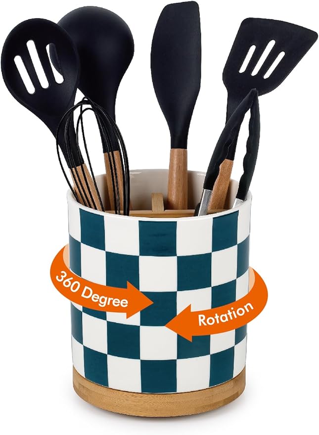 LoeJan 3 Compartment Utensil Holder, Extra Large Utensil Crock, Stable Ceramic by LoeJan