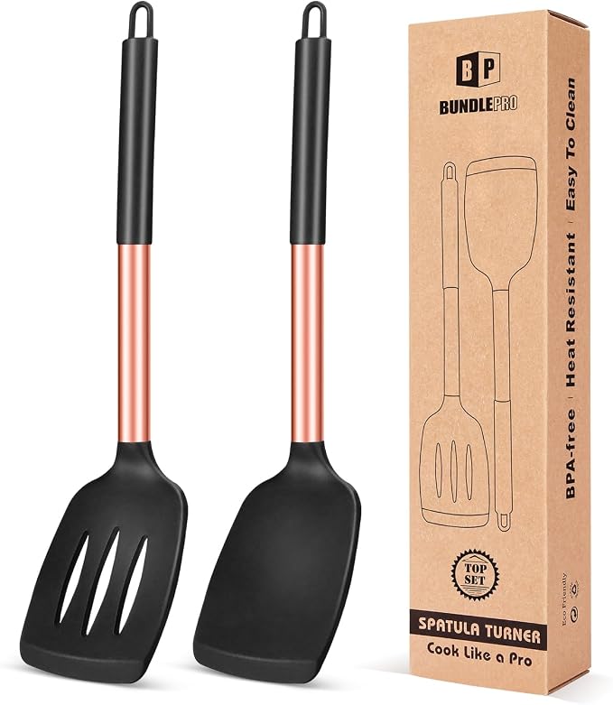 Pack of 2 Silicone Solid Turner, Non Stick Slotted Kitchen Spatulas, High Heat by BUNDLEPRO