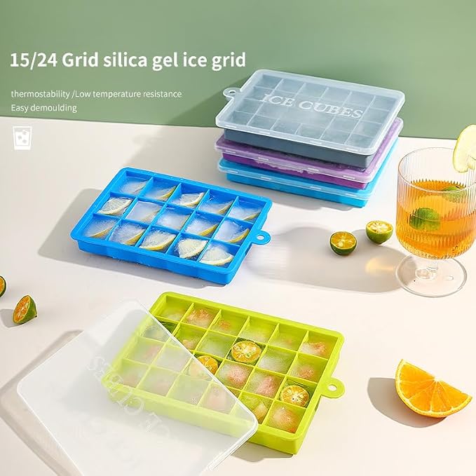 Ice Cube Tray with Lid and Bin, 3 Pack 72 Cubes Silicone Plastic Ice Cubes Trays - Image 3