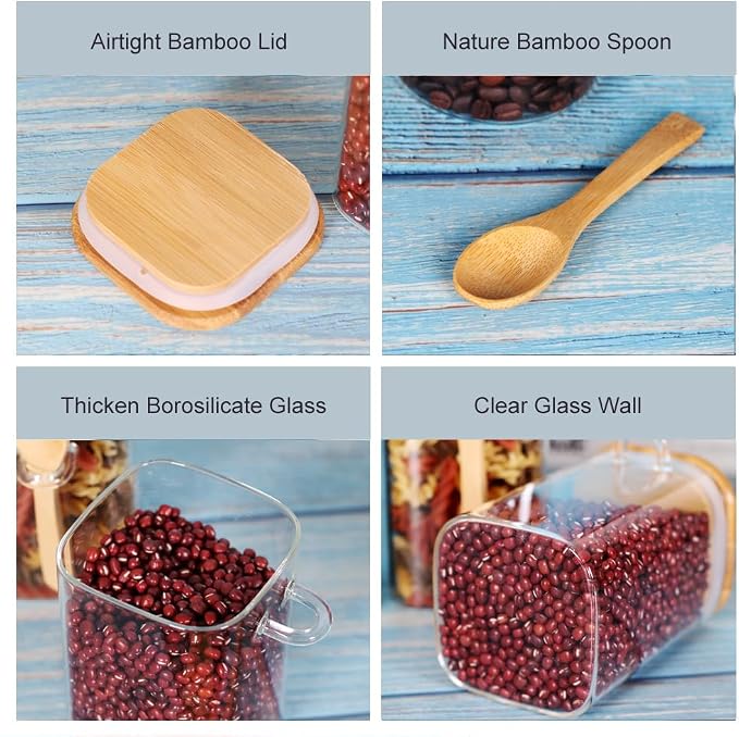 Glass Jar with Bamboo Lid and Spoon, Salt and Sugar Containers - Image 3