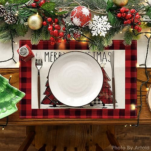 Artoid Mode Red and Black Buffalo Plaid Christmas Trees Placemats Set