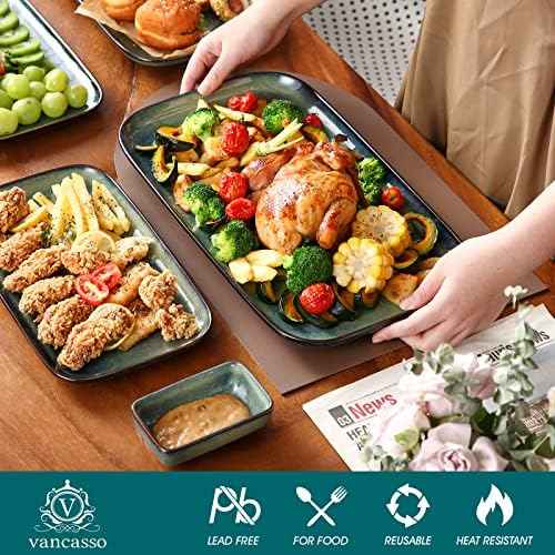 vancasso Stern Serving Platters Set of 3, 15/13/ 11 Inches Rectangular Serving Plates, Green Serving Trays for Entertaining, Party