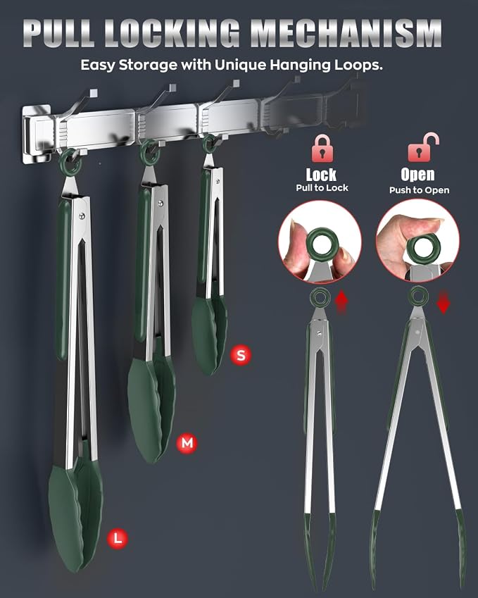 600ºF Heat Resistant Kitchen Tongs, Premium Locking Cooking Tongs - Image 4